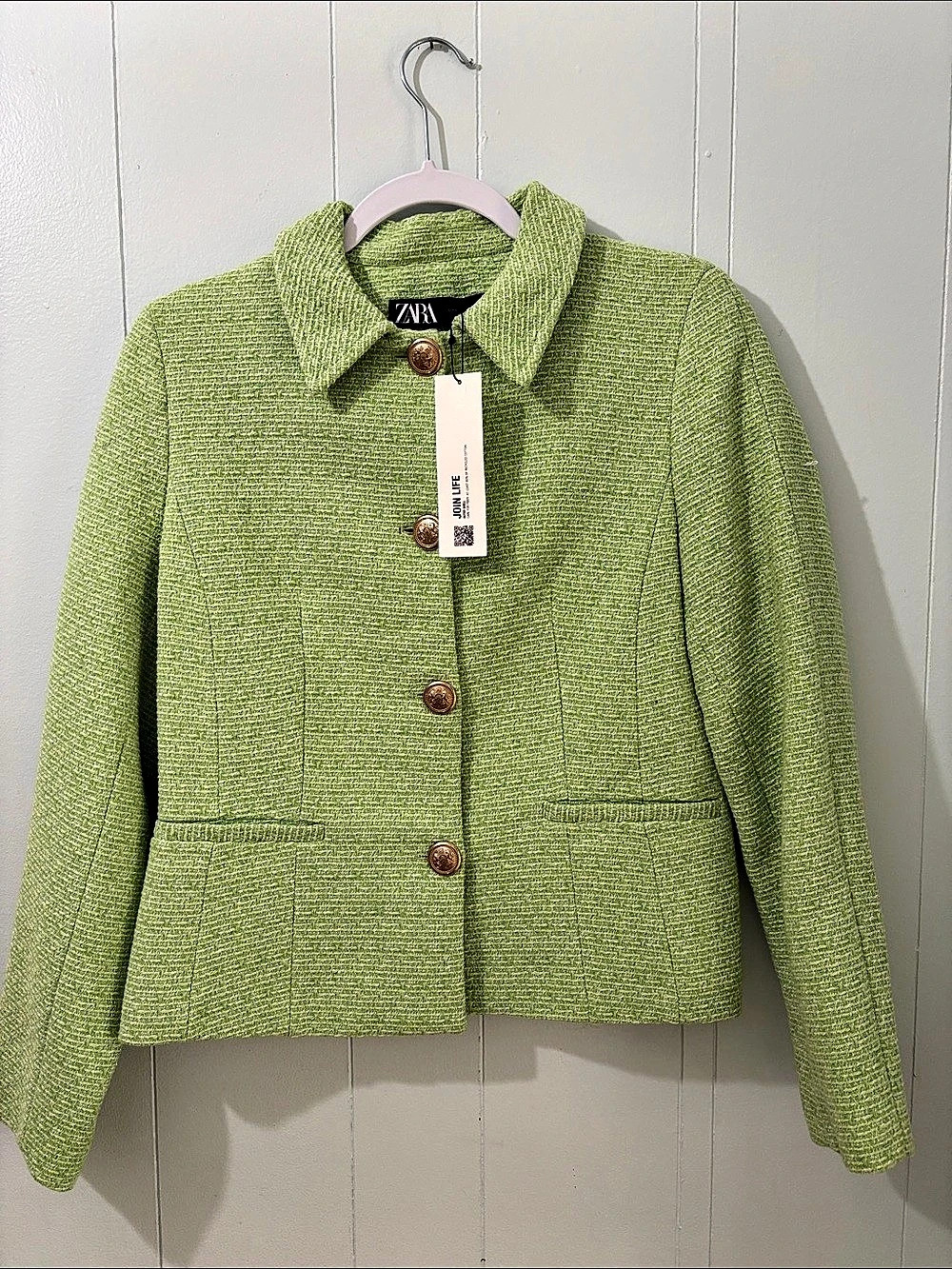Zara Textured Double-Breasted Blazer Green Medium